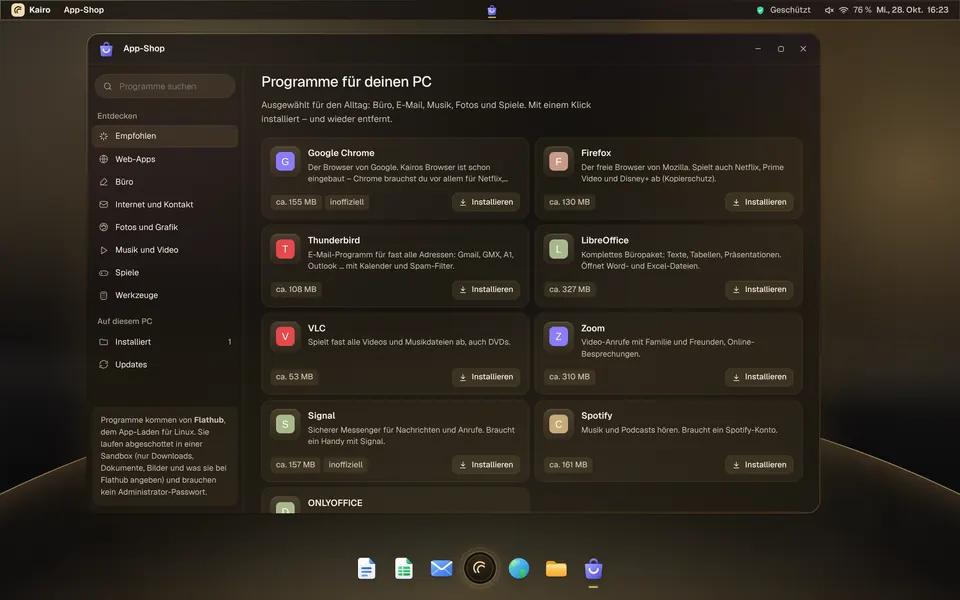 Der App-Shop von Kairo mit Programmen von Flathub und Web-Apps